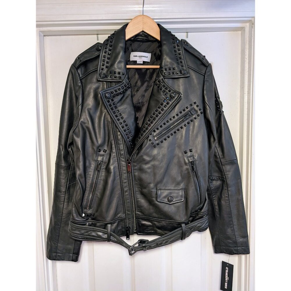 KARL LAGERFELD PARIS Men's Slim Studded Leather Biker Motorcycle Jacket, MEDIUM